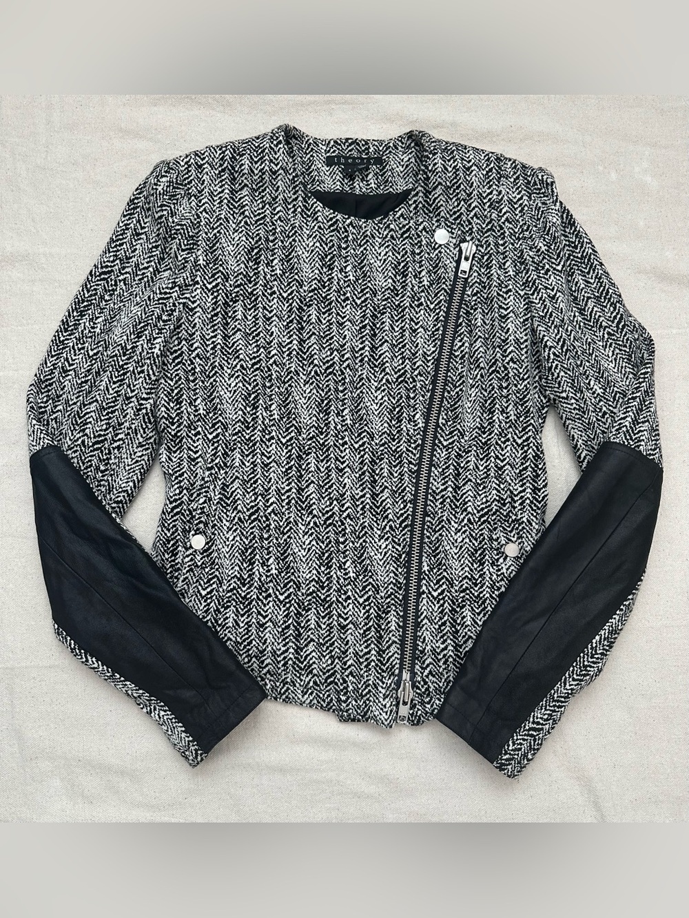 Theory Joean Herringbone Tweed Goat Leather Sleeve Asymmetric Moto Jacket 4 - Picture 3 of 14